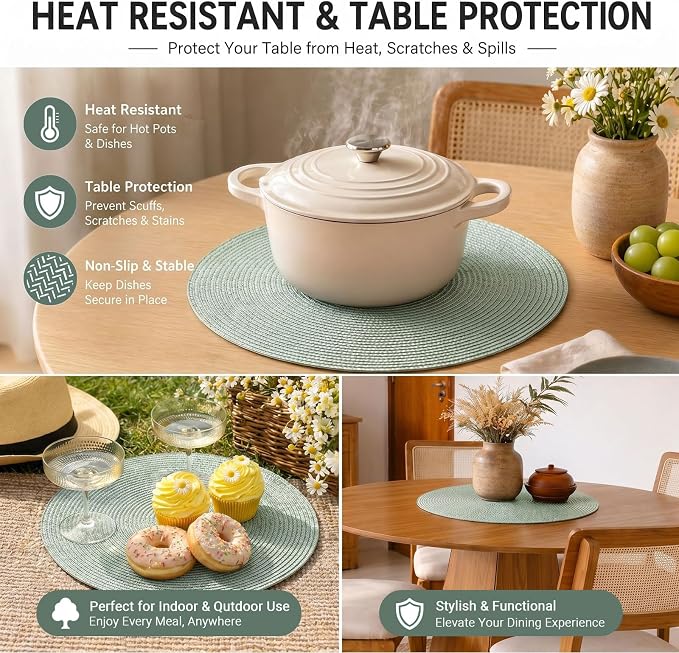 FunWheat Round Braided Placemats Set of 6 Place Mats for Dining Tables Woven Washable Non-Slip Table mats 15 inch(Fog Green, 6pcs)