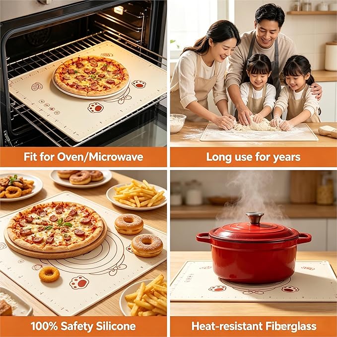 Silicone Baking Pastry Dough Mat - 25"x16" Extra Thick Dough Rolling Matt with Measurement, NonStick Kitchen Counter Kneading Pad Raised Edge, Reusable Heat Resistant for Bread Pizza Fondant Pie Crust