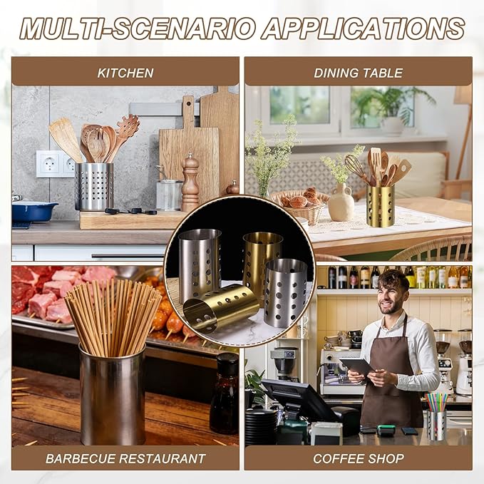 uxcell Kitchen Utensil Holder, 4.6x5.5 Stainless Steel Utensil Cutlery Holder Oval Flatware Organizer with Drain Hole for Kitchen Restaurant Countertop Straw, Spoon, Chopstick, Silver