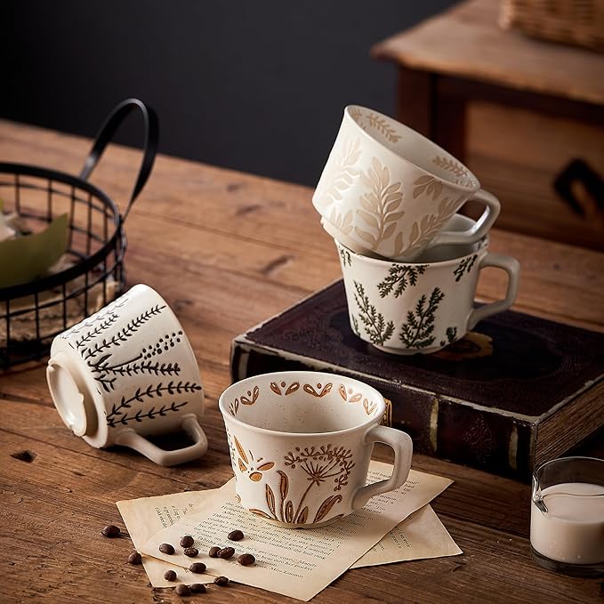 12oz Vintage Ceramic Coffee Mug Set of 2 - Handmade Stoneware Pottery Countryside Farmhouse Fall Autumn Tea Mugs with Big Handle for Latte,Cocoa,Dishwasher & Microwave Safe Cups (Plants)