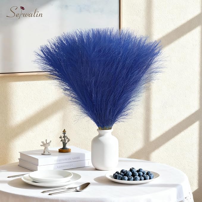 Serwalin 60PCS Pampas Grass Decor, 17.7Inch Sapphire Blue Artificial Pampas Grass Bulk Vase Filler Flower Arrangement for Home Wedding Decor