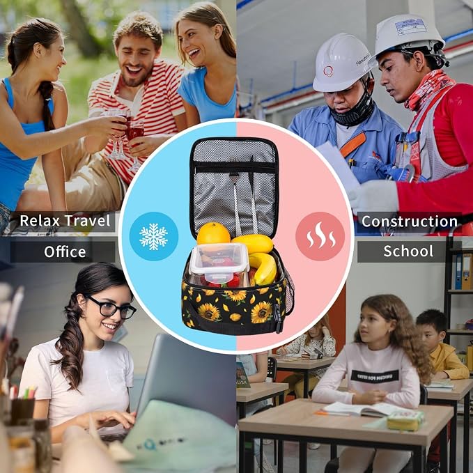 Black Floral Sunflower Lunch Box Insulated Flower Lunch Bag for Women Men Reusable Portable Leakproof Lunchbox Tote Cooler Thermal Bag for Office Work Picnic Travel
