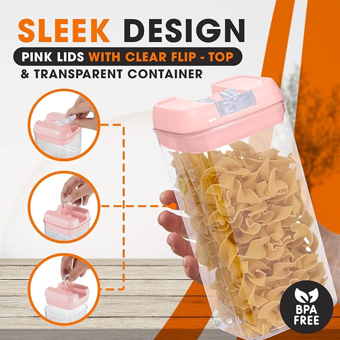 Set of 6 Airtight Food Storage Containers - Pantry Organizer Bins, BPA Free Plastic Containers plus Dry Erase Marker and Labels, Pink