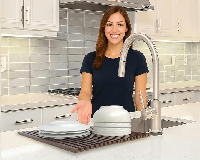Roll Up Wooden Drying Rack Over The Sink Kitchen, Cover Sink Dry Dishes Bowl Spoon Quickly, Aesthetics and Finishes Coating, Neat Design Stain-Resistant Easy to Dry (Dark Walnut color)