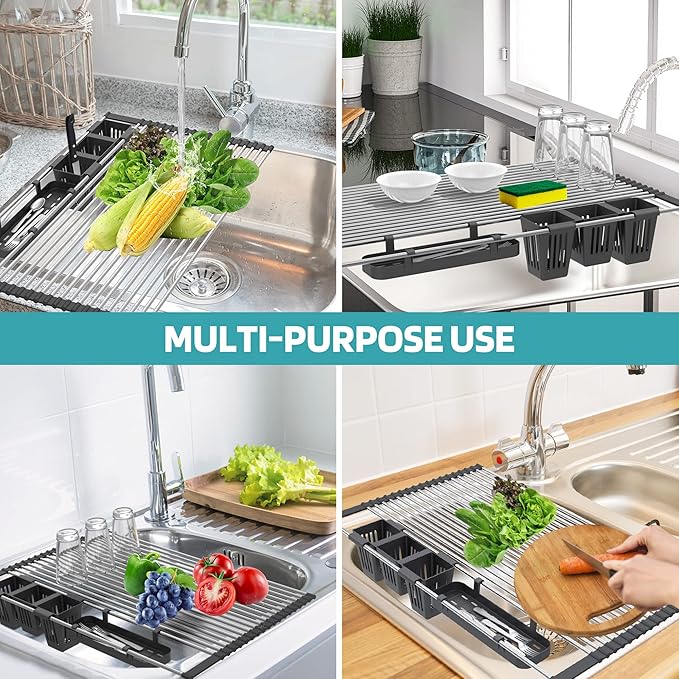 Extra Large Black Expandable Roll Up Dish Drying Rack Up to 25.1''with 2 Storage Baskets,Over The Sink Kitchen Rolling up Dishes Drainer, Foldable,Rollable