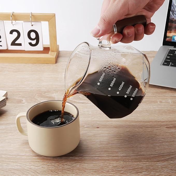 Lalord Pour Over Coffee Maker, 20 oz Borosilicate Glass Set with 100 pcs Paper Filter, Coffee Dripper with Walnut Collar, Coffee Pot with Glass Lid, 1-3 Cups, Clear, (600 ml)