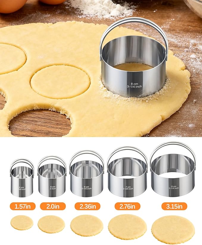 Biscuit Cutter Set with Handle, 5 Piece Stainless Steel Round Cookie Cutter Tool, Multi Size Circle Dough Donut Cutters for Baking Cakes, Biscuits, Pastry Dough
