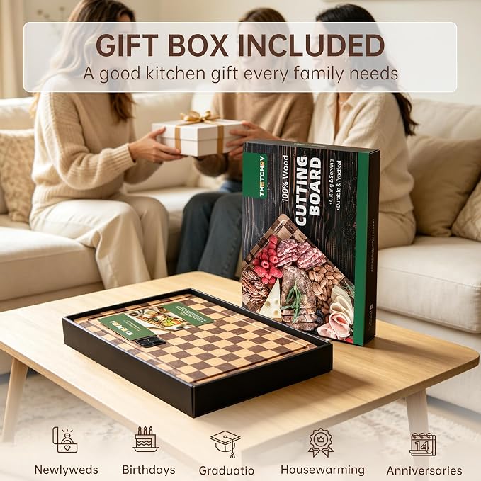 THETCHRY Cutting Boards for Kitchen, Checkered Wooden Chopping Board Structural Upgraded, Walnut Cutting Board with Juice Grooves & Handles, Butcher Block Serving Tray with Gift Box, 17"X 12"X 0.8"