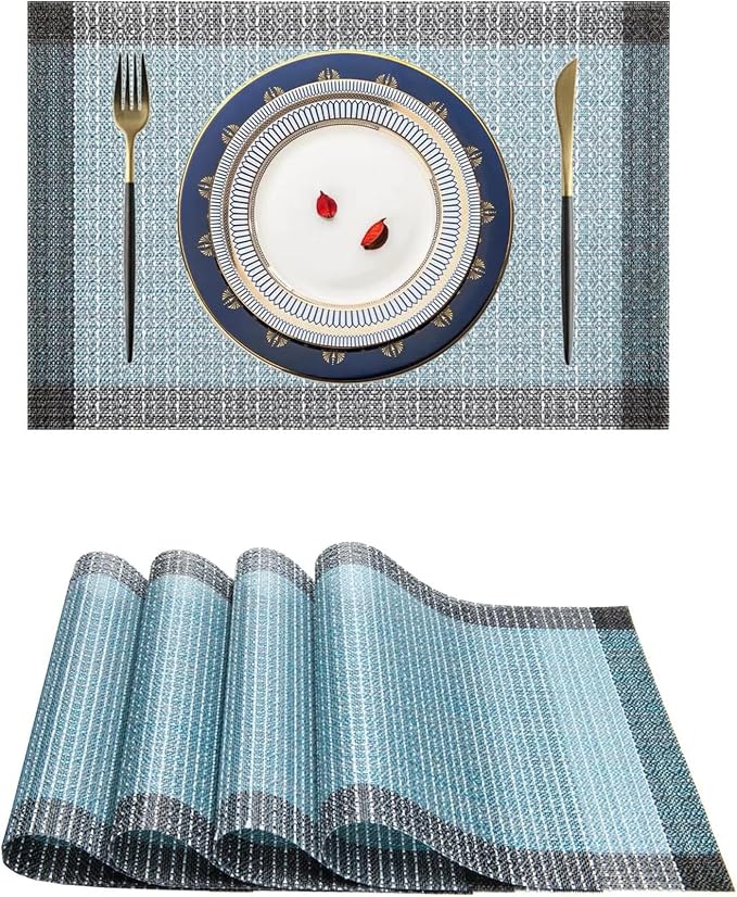 Niviy Blue Grey Ethnic Boho Placemats Set of 2, 12x18 Inch Linen Burlap Washable Durable Art Table Mats for Holiday Party Kitchen Dining Room Decoration
