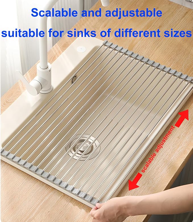Roll Up Dish Drying Rack for Kitchen Sink | Foldable, Expandable, Over Sink Drainer, Stainless Steel, For Dishes Utensils and Kitchen Organization
