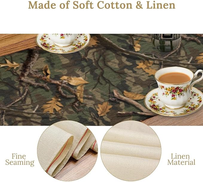 Camouflage Tree Table Runner, Vintage Country Aged Camouflage Nature Hunting Maple Leafs Table Decor Table Top Dining Kitchen Wedding Party 13x120 in