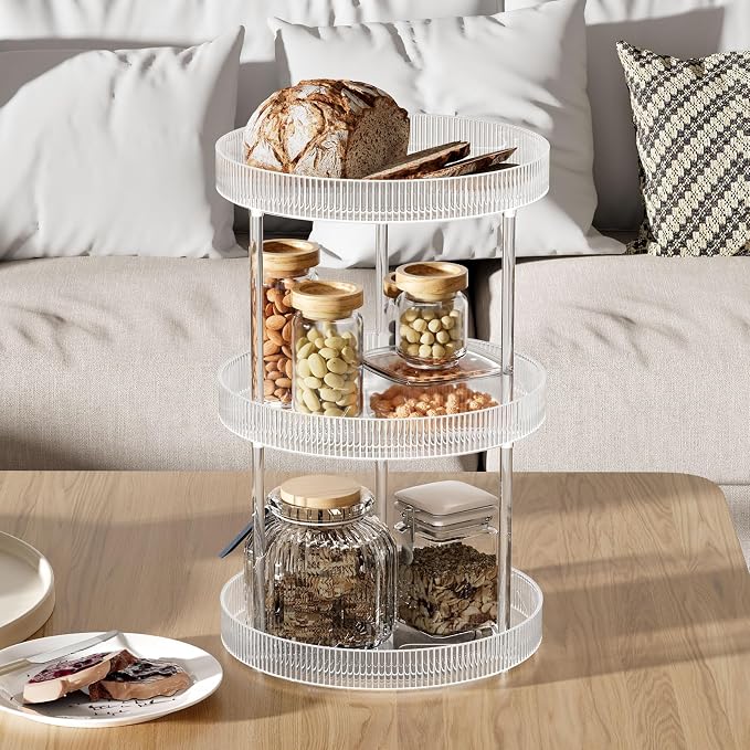 Acina 2-Tier Bathroom Countertop Organizer: 360° Clear Lazy Susan Rotating Storage Tray - Spinning Perfume Cosmetics Vanity Shelf for Bathroom Cabinet, Kitchen (Large)