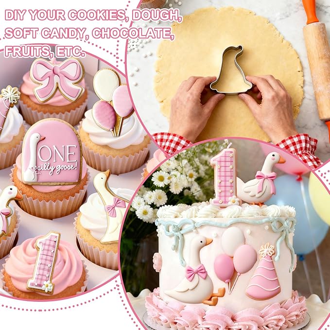 JarThenaAMCS 7Pcs One Silly Goose Baby Shower Cookie Cutters Set Biscuit Cutter Cute Goose Bow Birthday Hat Stainless Steel Cookie Cutting Molds for First Birthday Supplies