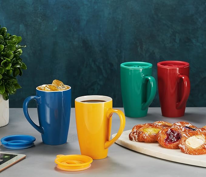 Godinger Insulated Mug Set with Lids - 16oz, Set of 4, Hot Beverage Cups for Coffee, Tea On The Go