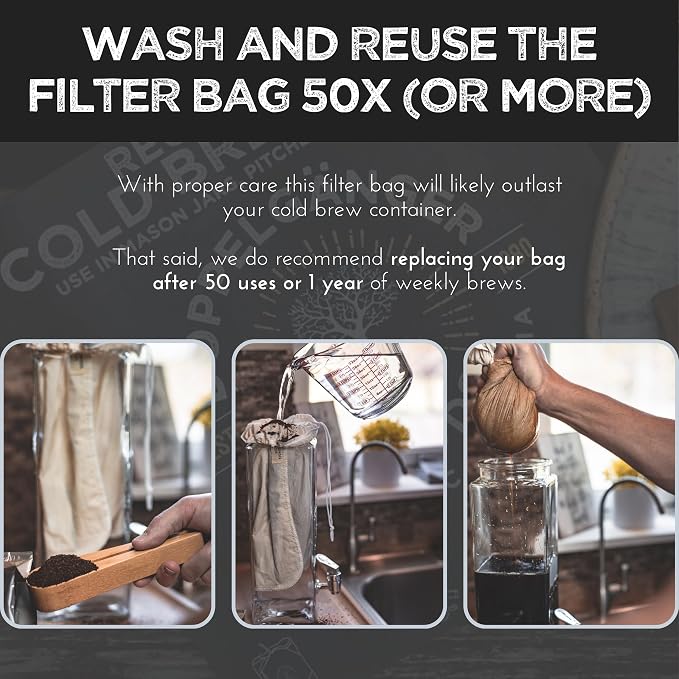 (2-Pack, Medium 8in x 12in) Organic Cotton Cold Brew Coffee Bag - Designed in California - Reusable Coffee Filter with EasyOpen Drawstring Cold Brew Maker for Pitchers, Mason Jars, & Toddy Systems