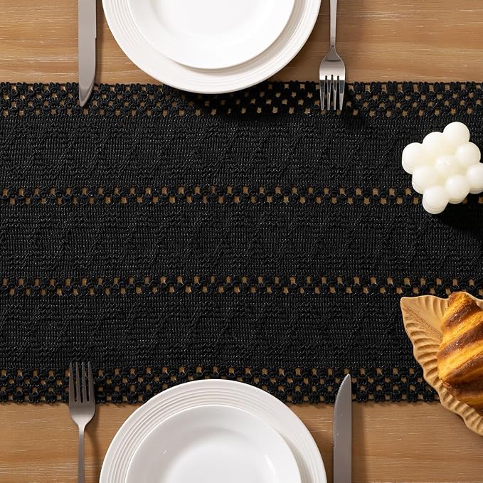 Socomi Boho Table Runner Summer Farmhouse Rustic Dining Kitchen Centerpiece Decor Small Macrame Woven Cotton Linen Coffee Table Runner for Dresser Scarf Home Decor 12x36 inch Black