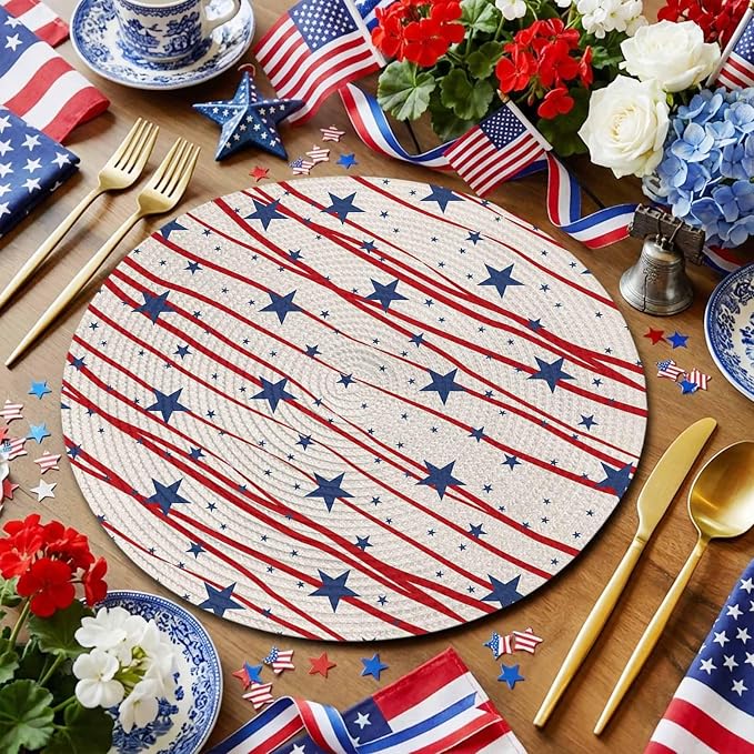 4th of July Round Placemats Set of 4 Patriotic Stars Place Mats Independence Day Woven Placemat Freedom Red Stripes Circle Braided Table Mat for Kitchen Dining Table Holiday Party Decor 15 Inch