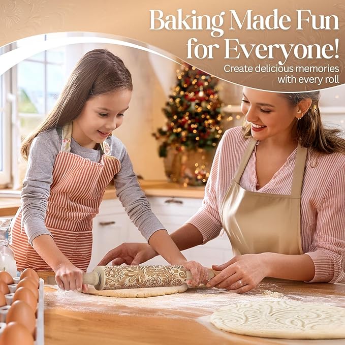 Flexzion Embossed Rolling Pins with Patterns for Baking, 7.7-inch Engraved Wooden Rolling Pin with Snowflake Flower Pattern Rolling Pin for Baking Pastry Pizza Dough Fondant Cookie Pie Crust Pasta