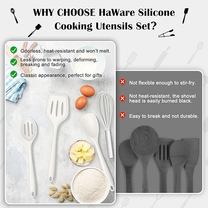 HaWare Kitchen Utensils, 14 PCS Silicone Cooking Utensils Set, Heat Resistant Kitchen Utensils for Non-stick Cookware, Kitchen Gadgets Tools with Spoons, Spatulas, Whisk, Dishwasher Safe (White)