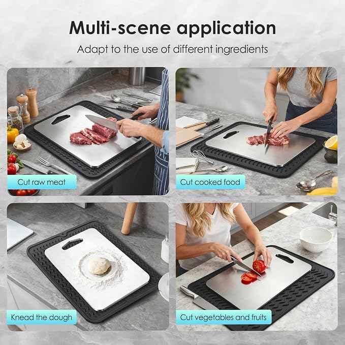 2mm Thicker Upgraded Anti-Slip 2pcs Cutting Boards,316 Food Grade Stainless Steel,Healthy Kitchen Cutting Board,With Anti-Slip Pad Perfect For Chefs,Campers,And Gifts,14.2x9.8in,11.8x9.1in