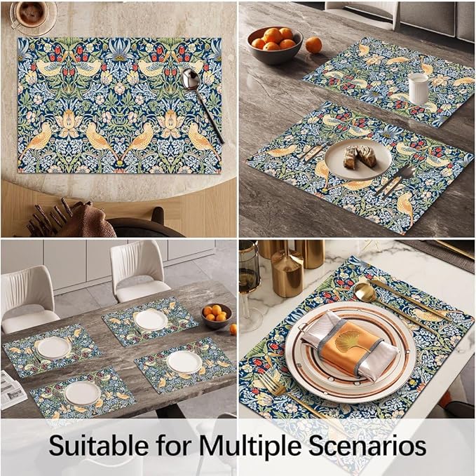Vintage Strawberry Bird Placemats Set of 4 William Morris Floral Washable Heat Resistant Place Mats for Dining Table Boho Rustic Nature Botanical Linen Woven Wipeable Kitchen Table Mats Blue