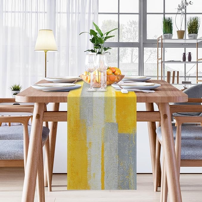 Emvency Yellow Abstract Table Runner, Modern Grey White Art Painting for Kitchen Coffee Table Family Dinners Holiday Parties Wedding Events Decor(13x72 inch)
