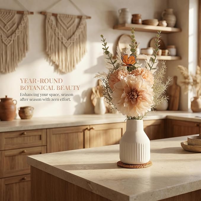 Small Fake Flowers in Vase 14" Centerpiece Table Decorations Silk Flowers Arrangements Ceramic Vase Dahlia Chrysanthemum Artificial Flowers Bouquet for Bathroom Dining Room Kitchen Wedding (White)