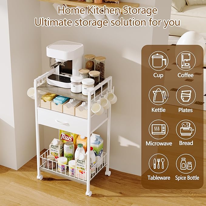 Small White Coffee Bar Cart with Drawer Storage,Office Coffee Bar Station Mug Cup Holder Stand, 3-Tier Coffee Table for Home Buffets & Sideboards for Kichen, Entryway, Living Room