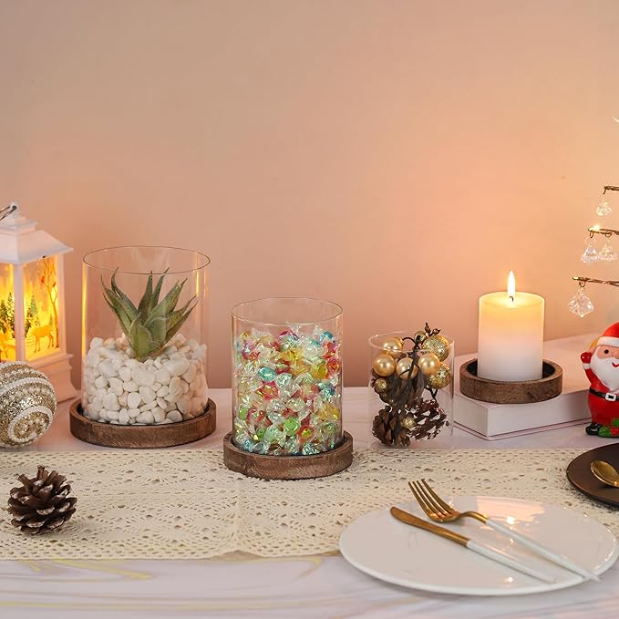 Set of 3 Glass Hurricane Candle Holders for Pillars with Vintage Natural Solid Wood Bases Crafted from Pine, Farmhouse Candlestick Holder, Centerpieces for Home, Garden, Table, Mantel, Wedding, Party