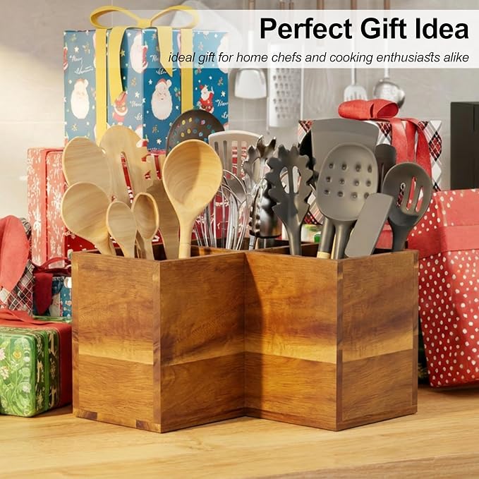 ZUJJAFY Utensil Holder, Corner Utensil Holder for Kitchen Counter, Acacia Wood Kitchen Utensil Holder for Countertop with 3 Compartments, Wooden Cooking Utensil Organizer for Spatula Storage