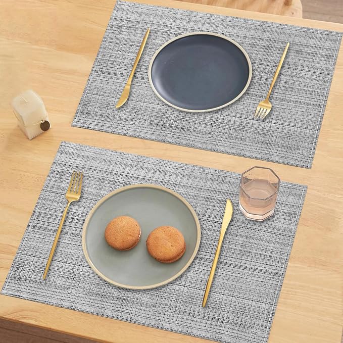 Niviy Grey Placemats Set of 4, 12x18 Inch Washable Easy to Clean Heat-Resistant Anti-Skid Grey Placemats for Holiday Party Kitchen Dining Room Decoration