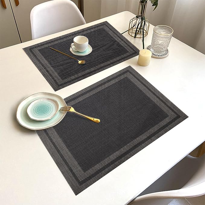 Placemats Set of 6 Washable&Wipeable Place mats for Dining Table Kitchen Indoor Outdoor Table Mats Heat Resistant Non Slip Woven Vinyl Table Placemats (Blackļ¼6PCS)