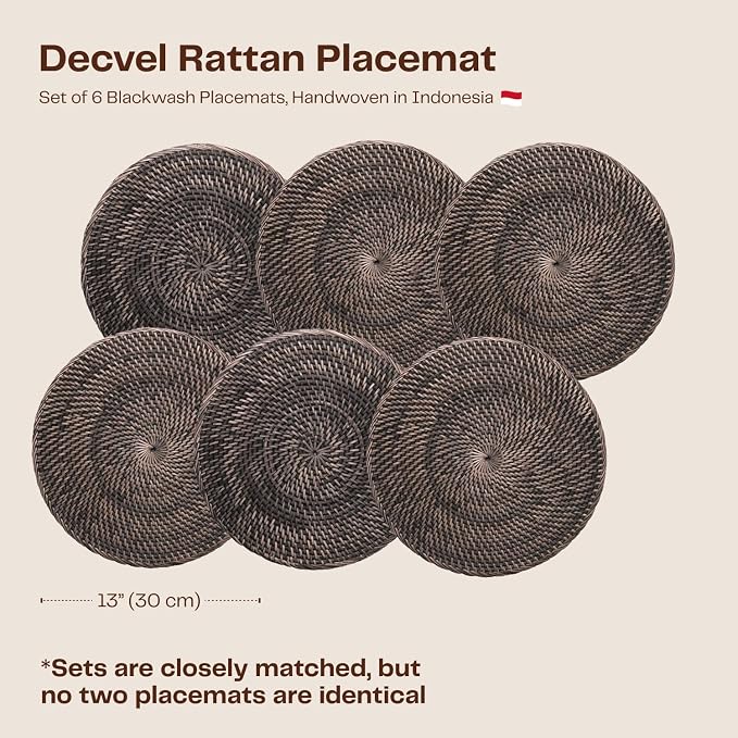 6-Pack Rattan Placemats - 13-inch Round Placemats (Blackwash) - Woven Place Mats, Round Table Mats - Wicker Chargers for Dinner Plates, Plate Chargers Boho
