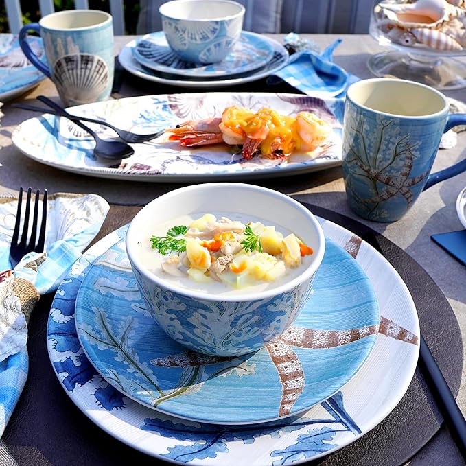 Beyond the Shore 20 oz Ceramic Mugs – Set of 4 with Coastal Shell and Starfish Artwork – Large Coffee or Tea Cups for Ocean Lovers – Dishwasher & Microwave Safe