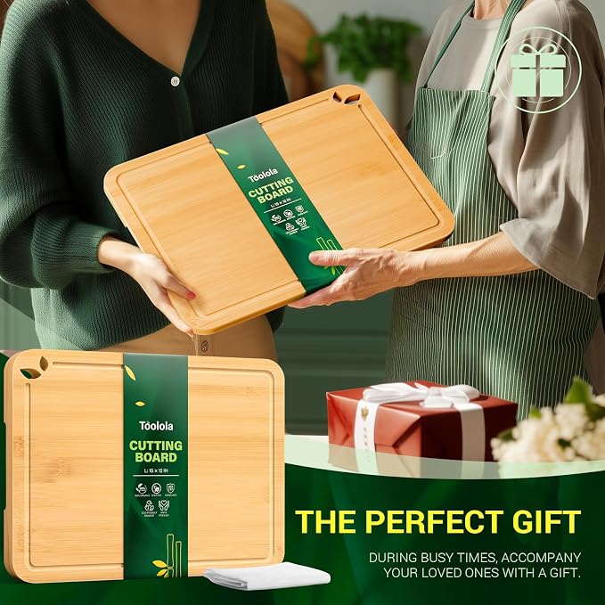15 x 12 inch Bamboo Cutting Boards for Kitchen with Silicone Mat, Lightweight & Knife-Friendly Wood Cutting Board Set with Side Handles and Juice Grooves, Natural