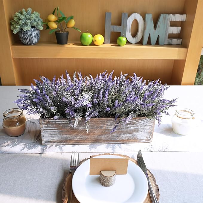 Winlyn 14" Faux Lavender Plant in Rustic Rectangular Wood Planter Box Artificial Lavender Flower Arrangement Potted Plant for Farmhouse Wedding Centerpiece Provence Home Office Room Table Mantel Décor