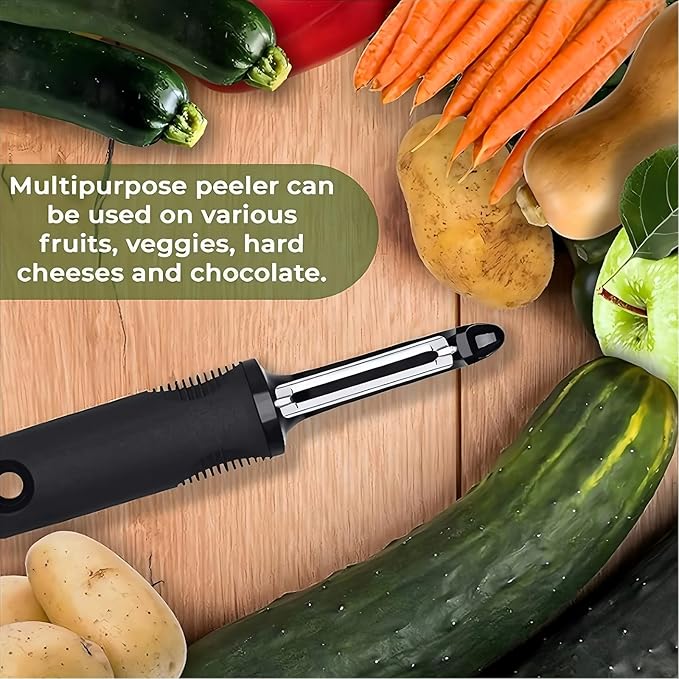 Swivel Vegetable Peeler with Non-Slip Ergonomic Handle,Rust-Proof Steel Blades,Built-in Potato Eye Remover,Plastic Blade Guard,Kitchen Peeler for Potato Carrot Apple Veggie Fruit (Black)