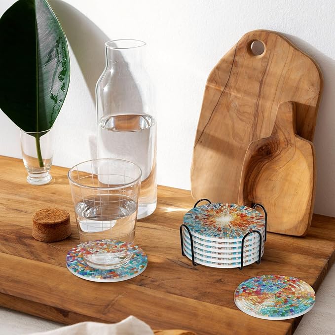 Coasters Set of 6, Coasters for Drinks Absorbent Stone with Holder, Colorful Glass Ceramic Drink Coaster for Tabletop Protection, Coffee Table Decor Ideal for Home Decor House Warming Gifts
