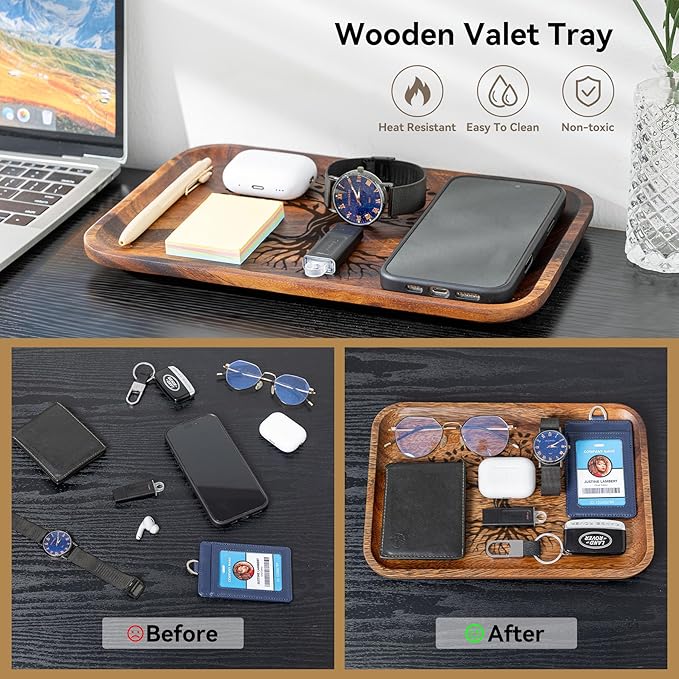 The Tree of Life Serving Acacia Wood Valet Tray for Men Women, Catch All Acacia Mens Key Dump Bedside Nightstand Organizer EDC Wooden Tray for Phone Watch Wallet Keys Jewelry