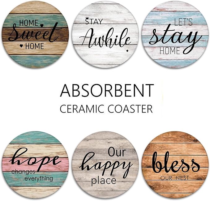 Britimes Coaster for Drinks Set of 6, Wooden Planks Wood Paint Table Absorbent Round Ceramic Stone Mat, with Cork Base and Metal Holder, Gift for Housewarming Room Bar Decor
