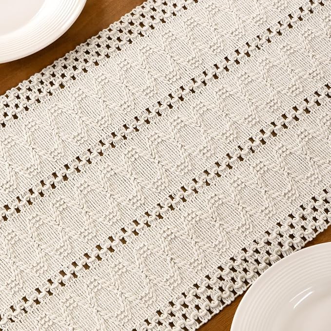 MLMC Ivory Boho Table Runner Farmhouse Macrame Woven Table Runner 60 inch Long Rustic Cotton Linen Blend Table Decor for Dinning Kitchen Wedding Bridal Shower Eveyrday Use 12x60 Inch