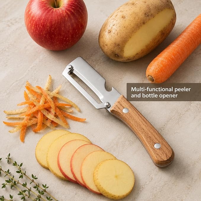 Multifunctional Vegetable Peeler with Wooden Handle, 2-in-1 Stainless Steel Peeler with Built-in Bottle Opener, Ergonomic Peelers for Kitchen, Sharp Vegetable Peeler for Potato, Carrot & Fruit(1)