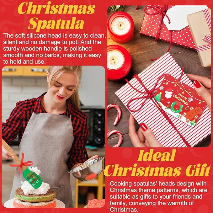 Newtay 20 Sets Christmas Silicone Spatula Cake Spatula Bulk Cooking Scraper with Wooden Handle Xmas Greeting Card Ribbon for Christmas Decoration Holiday Gifts Kitchen Party Favors (Classic Style)