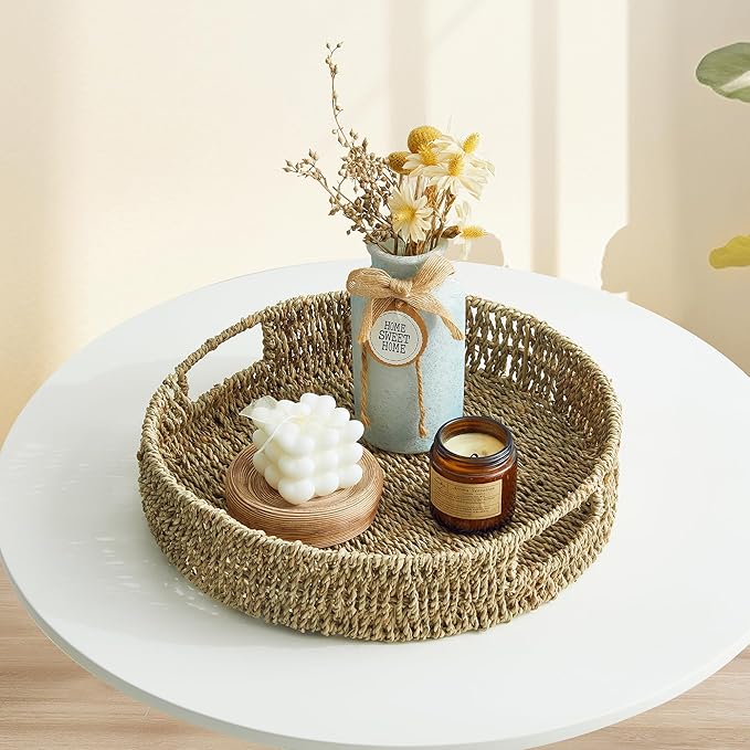 JS HANGER 13" Hand-Woven Round Rattan Serving Tray Decorative Wicker Trays with Built-in Handles for Coffee Table, Natrual Grass Storage Tray
