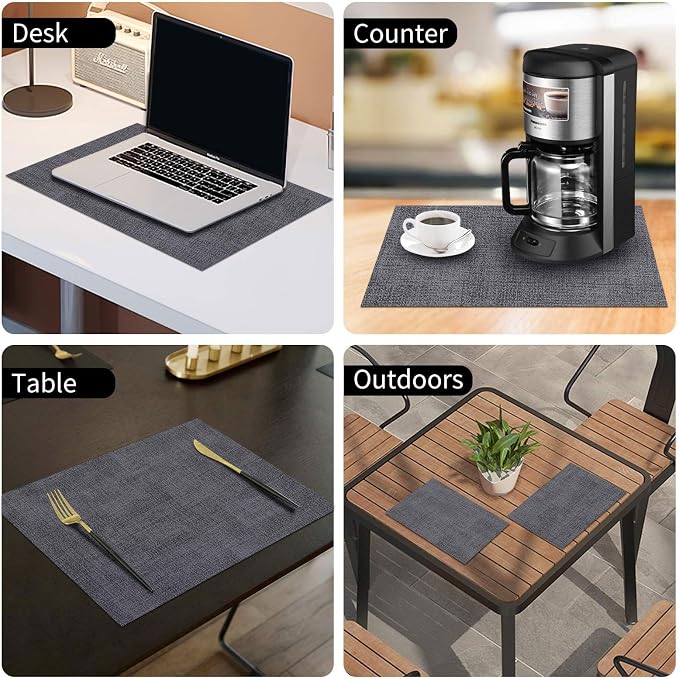 homing Faux Leather Heat Resistant Placemats 8 Packs, Waterproof Wipeable Dining PU Place Mats for Indoor & Outdoor, Easy to Clean, Charcoal
