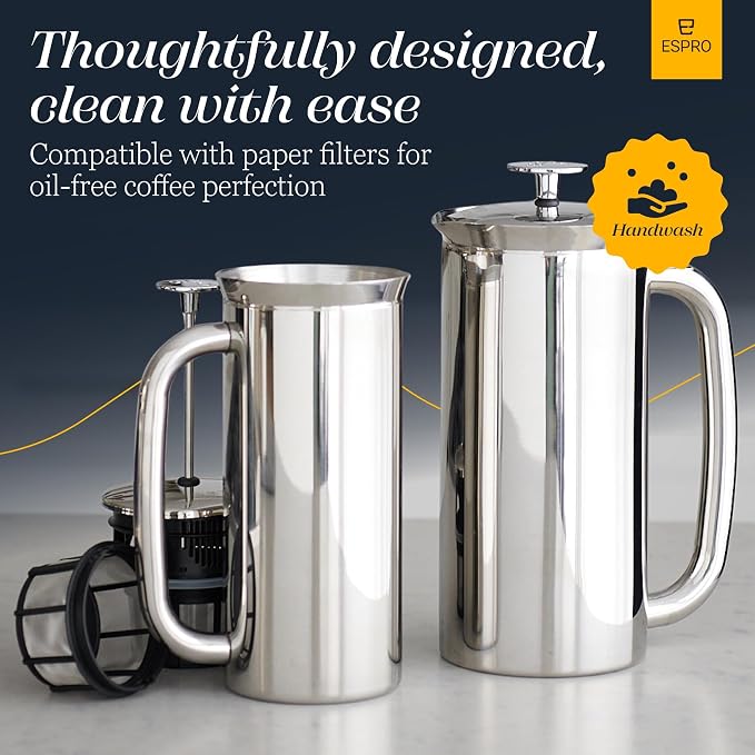 ESPRO Pro P7 French Press Stainless Steel 304 – Patented Double Micro-Filter for Grit-Free Coffee, Double Wall Insulated Coffee Maker, Plastic-Free & Heat Resistant - 18oz