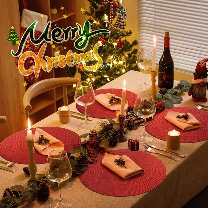 AHHFSMEI Round Braided Placemats Set of 6 Woven Table Mats for Dining Table Heat Resistant Easy to Clean Perfect for Kitchen & Home Decor (Christmas Red)