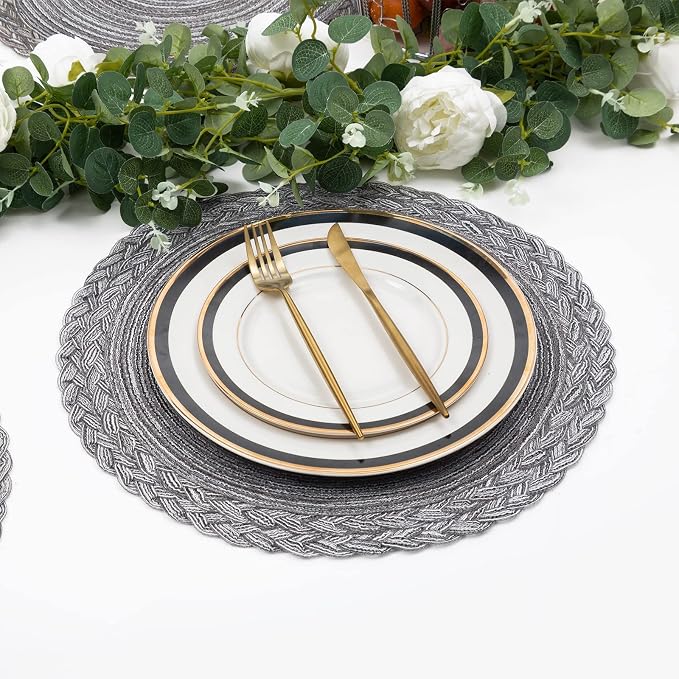 SHACOS Round Placemats Set of 6 Woven Round Table Mats 15 inch Braided Border Washable Cotton Polyester Circle Place Mats, Gray (Pack of 2)