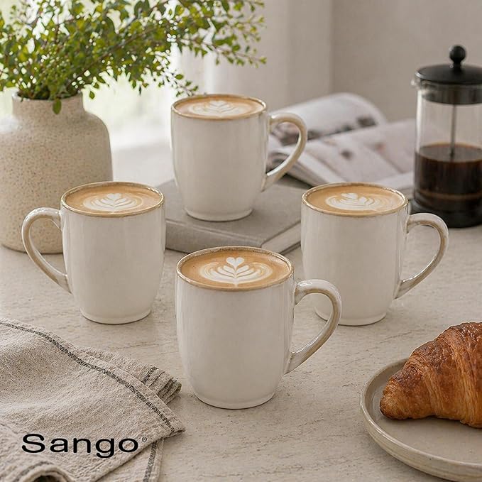 Sango Resona Moss Stoneware Heat Resistant Coffee Mugs, Microwave and Oven Safe, 12 oz, White, 4 Count