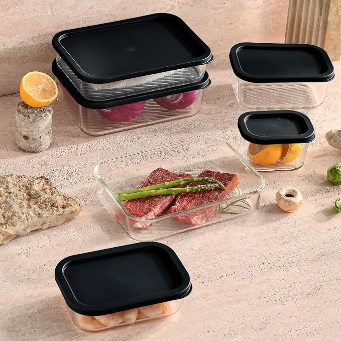 EATEX Grooved Base Glass Meal Prep Containers, 12 Pack Glass Food Storage Containers with Lids for Meal Prep & Lunch, Microwave Oven Freezer Dishwasher Safe, Anti Moisture Non-Stick Design - Black
